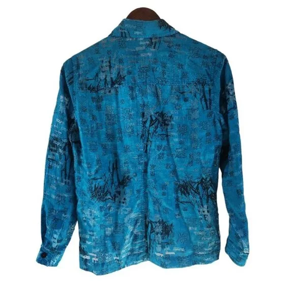 Chicos Rayon Blend Blue Teal Semi Sheer Asian Print Inspired Button Front Top 0 - Picture 4 of 5